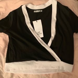 Ribbed wrap-front black and white crop top, NWT